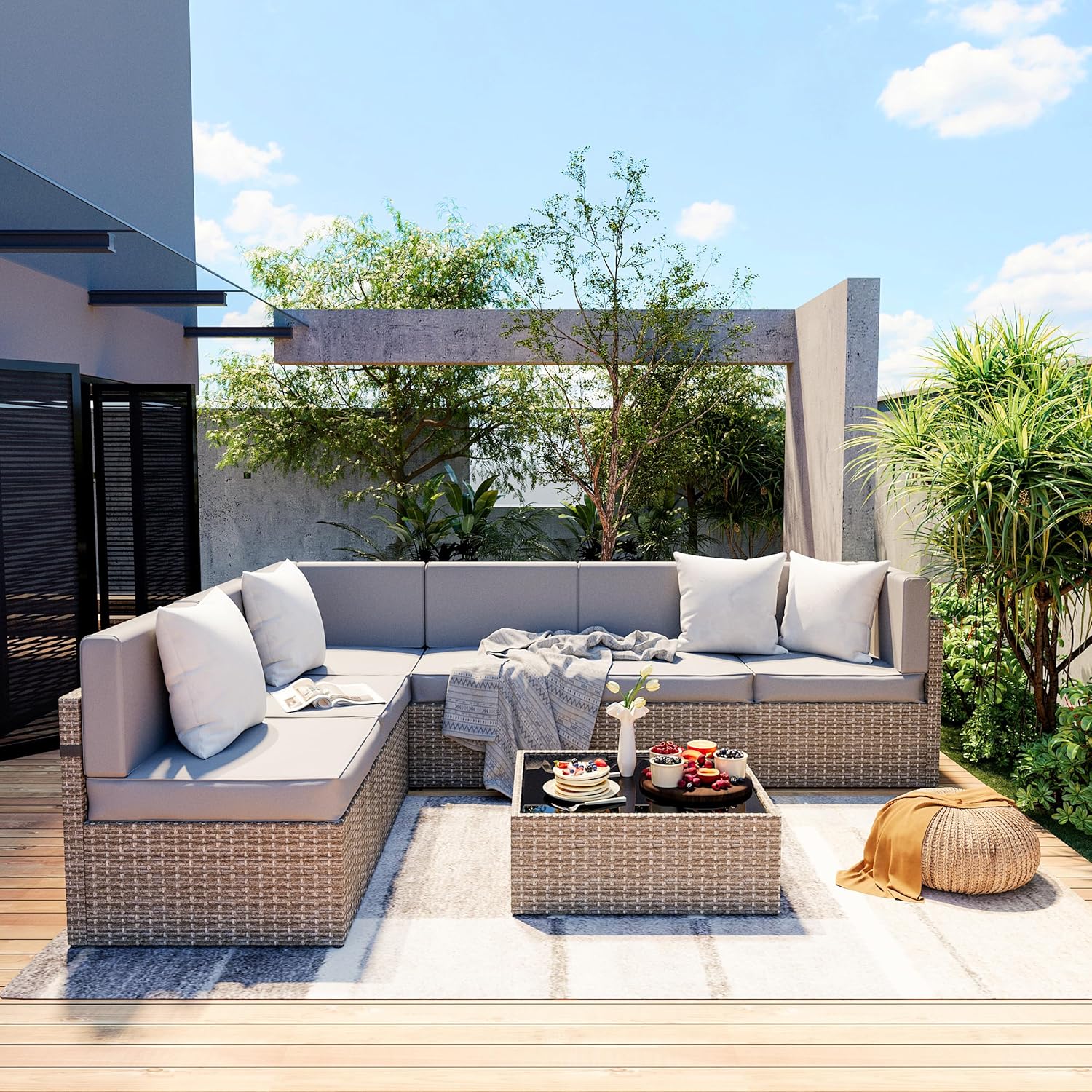 Outdoor Furniture Rattan - Set Furnitur Luar Ruangan 7-Potong, Sofa