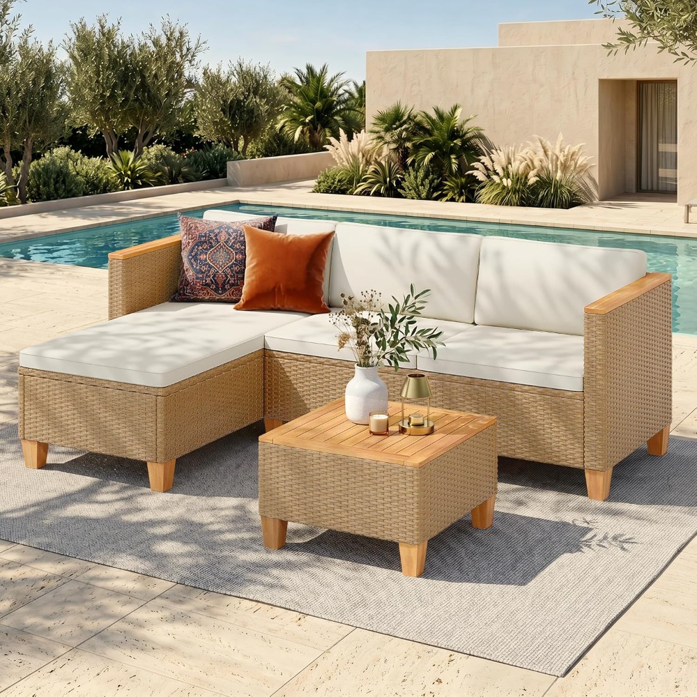 Outdoor Furniture Yellow - 3 Set Kursi Patio Rotan Kecil,
